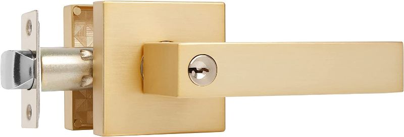 Photo 1 of 1 Pack Door Knob with Stain Brass Finish Door Hardware Square Heavy Entrance Door Lock with Same Key, Left/Right Hand Reversible, Door Lever for Front/Exterior, Office Door Lock
