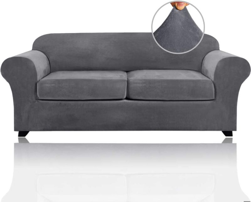 Photo 1 of 3 Pieces Sofa Covers Stretch Velvet Couch Covers for 2 Cushion Sofa Slipcovers Soft Sofa Slip Covers Furniture Covers with 2 Individual Seat Cushion Covers, Machine Washable (Medium-Large, Grey)
