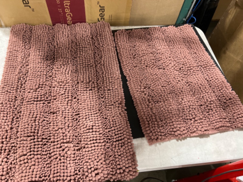 Photo 2 of 2 Piece Bathroom Set Mauve/Rose Bathroom Rugs Ultra Thick and Soft Texture Chenille Plush Striped Floor Mats Hand Tufted Bath Rug with Non-Slip Backing(20" x 32"/17" x 24")
