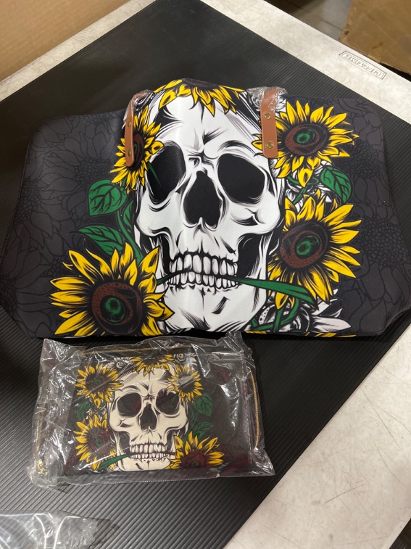 Photo 2 of Yiekeluo Skull Sunflower Print Top Handle Bag Purse with Long Leather Wallet Zipper Closure 2 Packs Set for Women Girls Gifts
