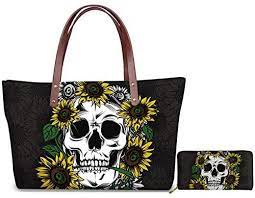 Photo 1 of Yiekeluo Skull Sunflower Print Top Handle Bag Purse with Long Leather Wallet Zipper Closure 2 Packs Set for Women Girls Gifts

