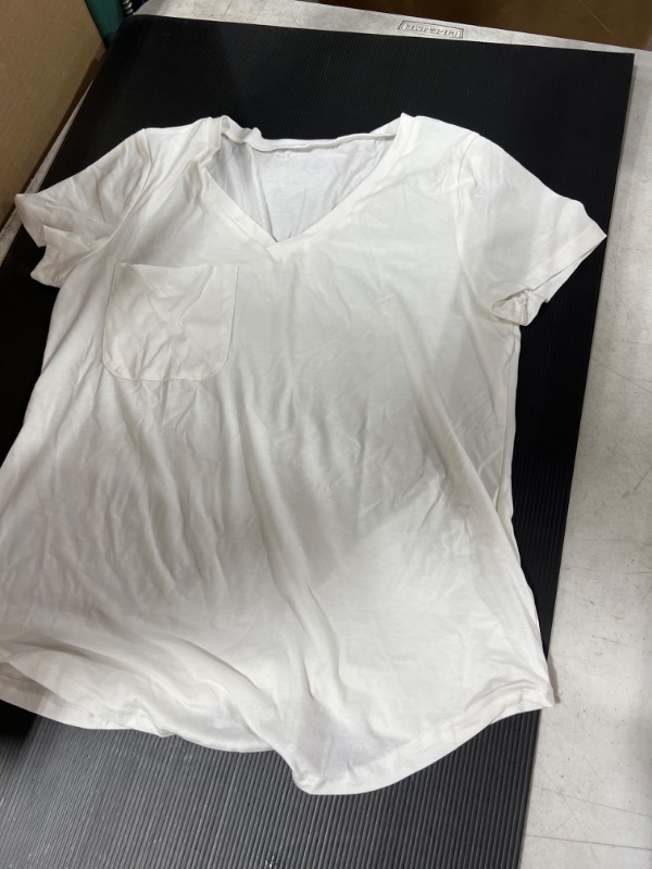 Photo 1 of Women's V Neck White Short Sleeve Shirt with Pocket, Medium