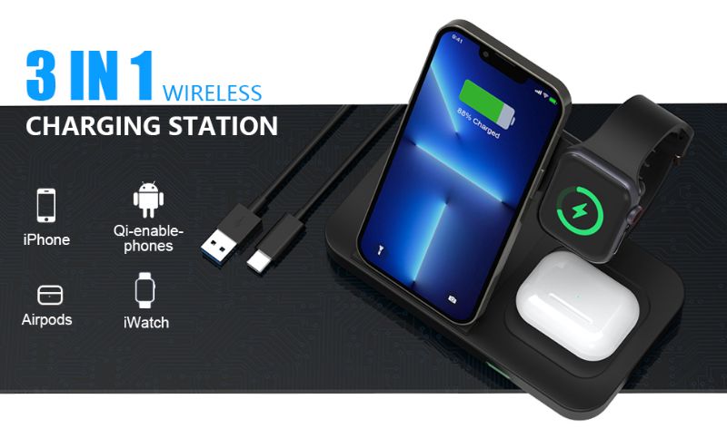 Photo 1 of Wireless Charging Station, CHELUXS 3 in 1 Wireless Charger, 15W Foldable Fast Wireless Charging Stand for iPhone13, 12, Pro Max, XR, XS, Wireless Charging Pad for Apple iWatch Series SE 6 5 4, AirPods