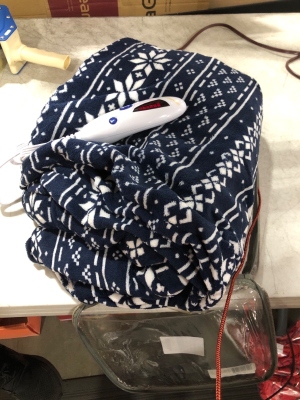 Photo 2 of Biddeford Microplush Electric Heated Warming Throw Blanket Navy Blue Snowflake Washable Auto Shut Off