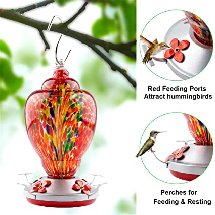 Photo 1 of WOSIBO Hummingbird Feeder for Outdoors Patio Large 32 Ounces Colorful Hand Blown Glass Hummingbird Feeder with Ant Moat Hanging Hook, Rope, Brush and Service Card (RED-Firework)