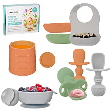 Photo 1 of Baby Led Weaning Supplies for Toddlers - Upward Baby Feeding Set - Silicone Suction Bowl with Baby Spoons Bibs and Cup - First Stage Self Feeding Utensils Set - Dishwasher Safe