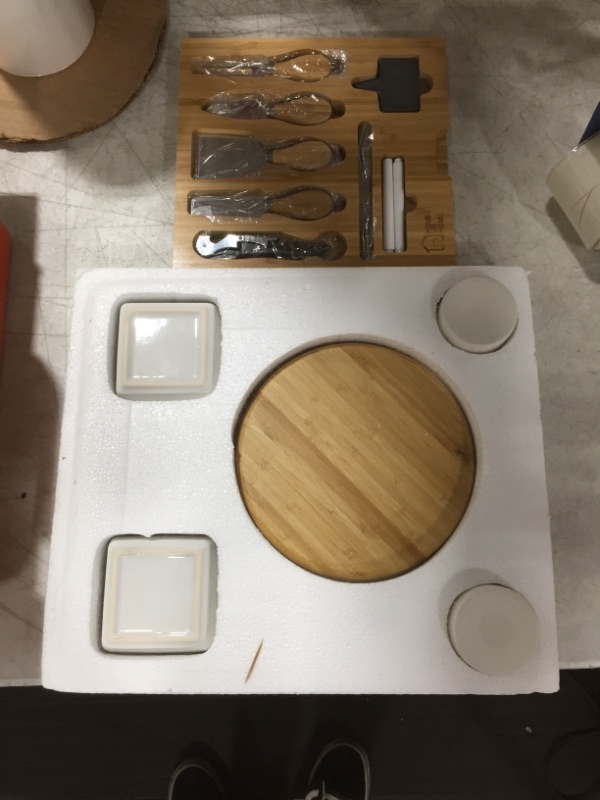 Photo 1 of Cheese Board 2 Ceramic Bowls 2 Serving Plates. Magnetic 4 Drawers Bamboo Charcuterie Cutlery Knife Set, 2 Server Forks, Wine Opener