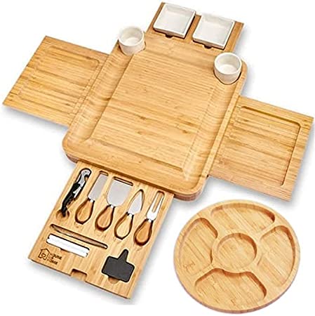 Photo 1 of Cheese Board 2 Ceramic Bowls 2 Serving Plates. Magnetic 4 Drawers Bamboo Charcuterie Cutlery Knife Set, 2 Server Forks, Wine Opener