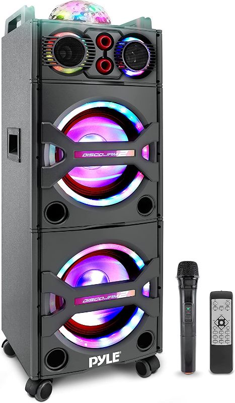 Photo 1 of Pyle Portable Bluetooth PA Speaker System - 2000W Active powered Outdoor Bluetooth Speaker Portable PA System w/ Microphone In, Party Lights, USB SD Card Reader, AUX/RCA/FM Radio, Wheels - PSUFM1043BT
