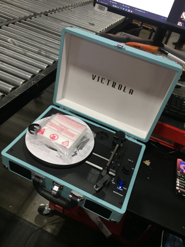 Photo 3 of Victrola Vintage 3-Speed Bluetooth Portable Suitcase Record Player with Built-in Speakers | Upgraded Turntable Audio Sound| Includes Extra Stylus | Turquoise, Model Number: VSC-550BT
