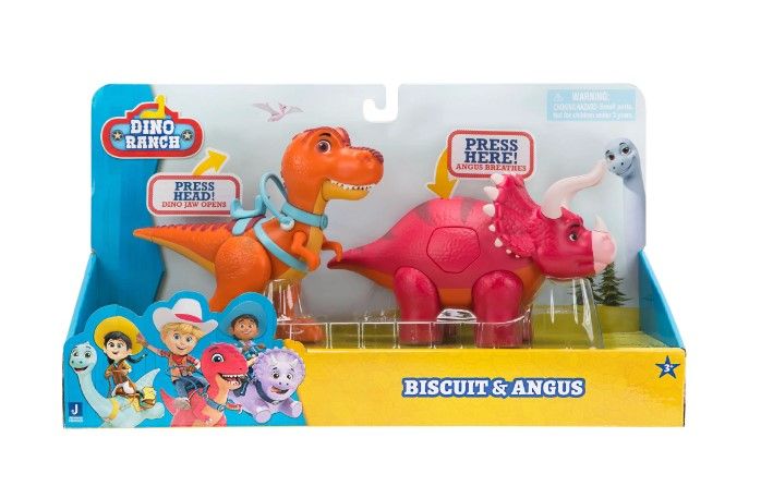 Photo 1 of Dino Ranch Deluxe Dino 2-Pack - Features Biscuit, a 5-Inch Toy T-Rex, and Angus, a 4-Inch Toy Triceratops - Toys for Kids Featuring Your Favorite Pre-Westoric Ranchers
