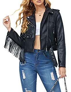 Photo 1 of Bellivera Women Fringe Jacket Faux Leather Tassel Crop Coat Motor Biker Belt Long Sleeve Outerwear 5209 Black L (B09T2RKB98)
