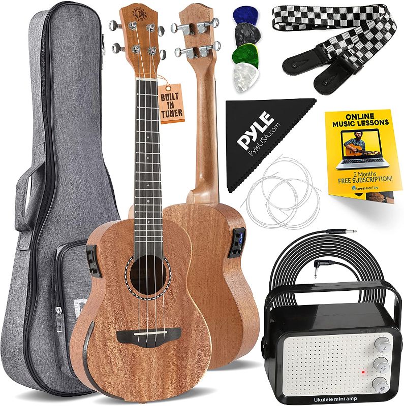 Photo 1 of Acoustic Electric Ukulele and Amplifier Kit 23" Tenor 4 String Professional Mahogany Uke w/ 3W Amp, Strap, 4 Celluloid Picks, Gig Bag, Cleaning Cloth, Strings, For Beginners & Advanced
