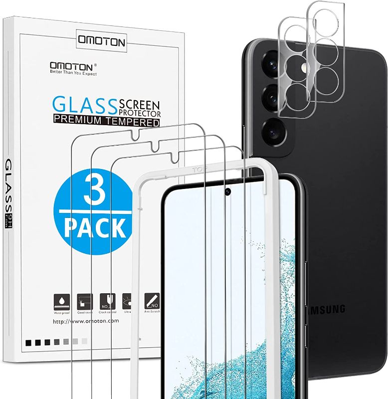 Photo 1 of (3 PACK) OMOTON Designed for Samsung Galaxy S22 Screen Protector & Camera Lens Protector, Alignment Tool/Fingerprint Unlock/Tempered Glass for Galaxy S22 5G [Not for S22+/ S22 Ultra]
