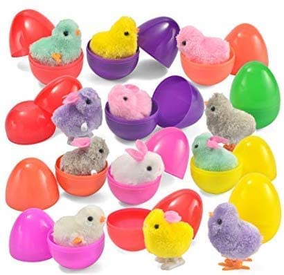 Photo 1 of 12pcs Toys Filled Easter Eggs, Assorted Prefilled 12 Easter Eggs with 12 Wind-Up Cute and Colorful Chicken and Bunnies Toys

