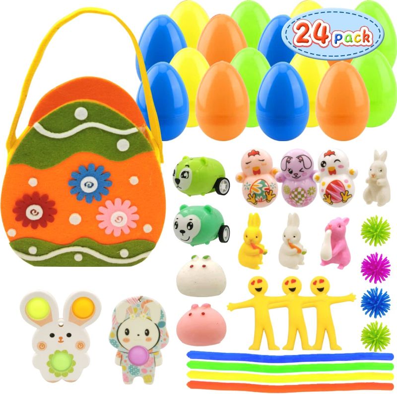 Photo 1 of (2 PACK) 24 Pcs Easter Eggs with 1 Pcs Easter Basket & 24 Novelty Toys Easter Basket Stuffers
