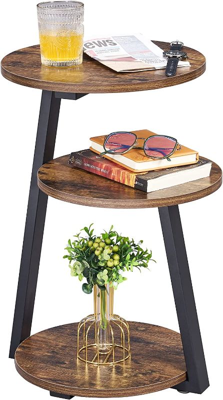 Photo 1 of BEWISHOME Round End Table Side Table with Metal Frame, Accent Table Nightstand Bedside Table with 3-Tier Shelves, Small Table for Living Room Bedroom Couch Table Small Coffee Table Rustic Brown KTZ41Z
