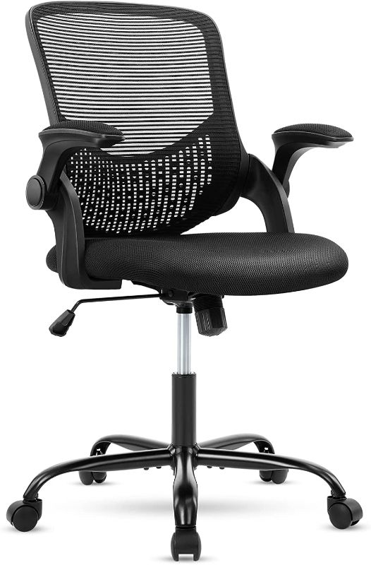 Photo 1 of Office Chair - Desk Chairs with Wheels, Ergonomic Home Office Chair with Lumbar Support and Flip-up Arms, Mesh Computer Chair Rolling Chair Height Adjustable, Tilt and Lock Swivel Chair, Black
