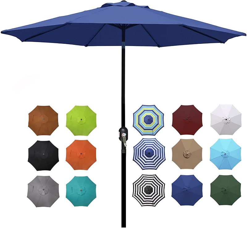 Photo 1 of Blissun 9' Outdoor Aluminum Patio Umbrella, Striped Patio Umbrella, Market Striped Umbrella with Push Button Tilt and Crank (Navy Blue)