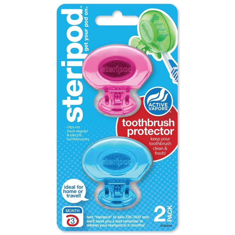 Photo 1 of 4pk of Steripod Clip-On Toothbrush Protector, Keeps Toothbrush Fresh and Clean, Fits Most Manual and Electric Toothbrushes, Pink and Blue, 2 Count
