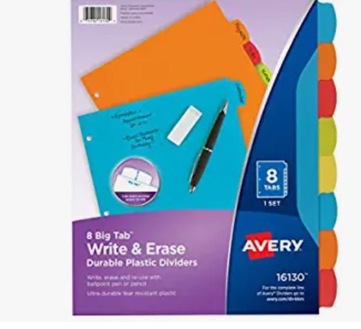 Photo 1 of Avery Big Tab Write & Erase Durable Plastic Dividers for 3 Ring Binders, 8-Tab Set, Bright Multicolor, 1 Set