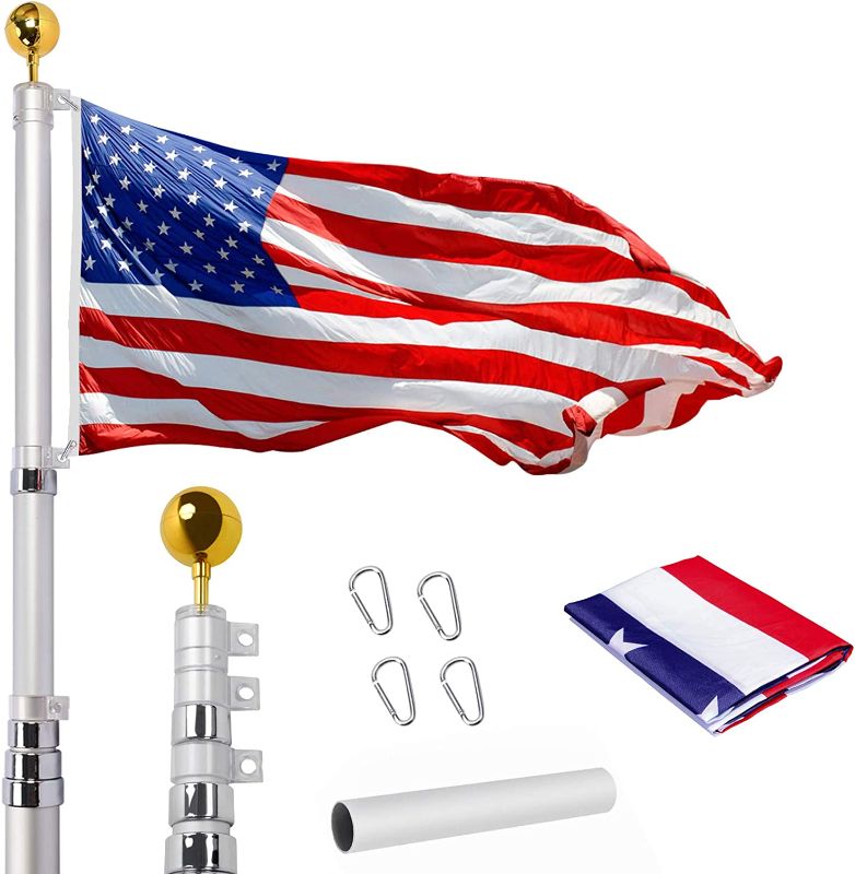 Photo 1 of WeValor 20FT Telescoping Flag Pole Kit, Heavy Duty 16 Gauge Aluminum Outdoor In Ground Flag Poles with 3x5 USA Flag, for Residential or Commercial, Silver
