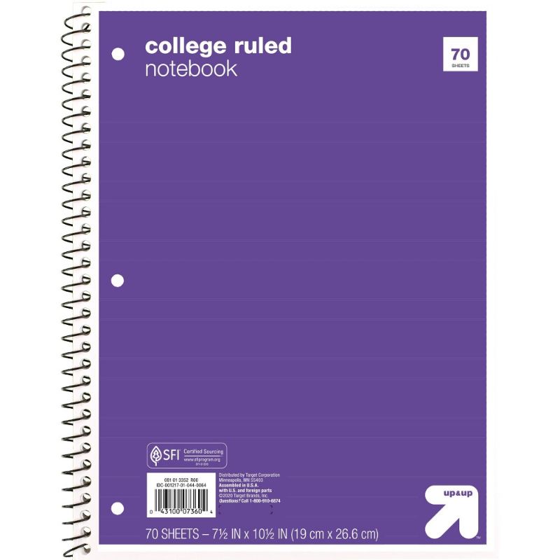 Photo 1 of College Ruled Purple 1 Subject Flexible Paperboard Cover Spiral Notebook - up & up
qty of 10