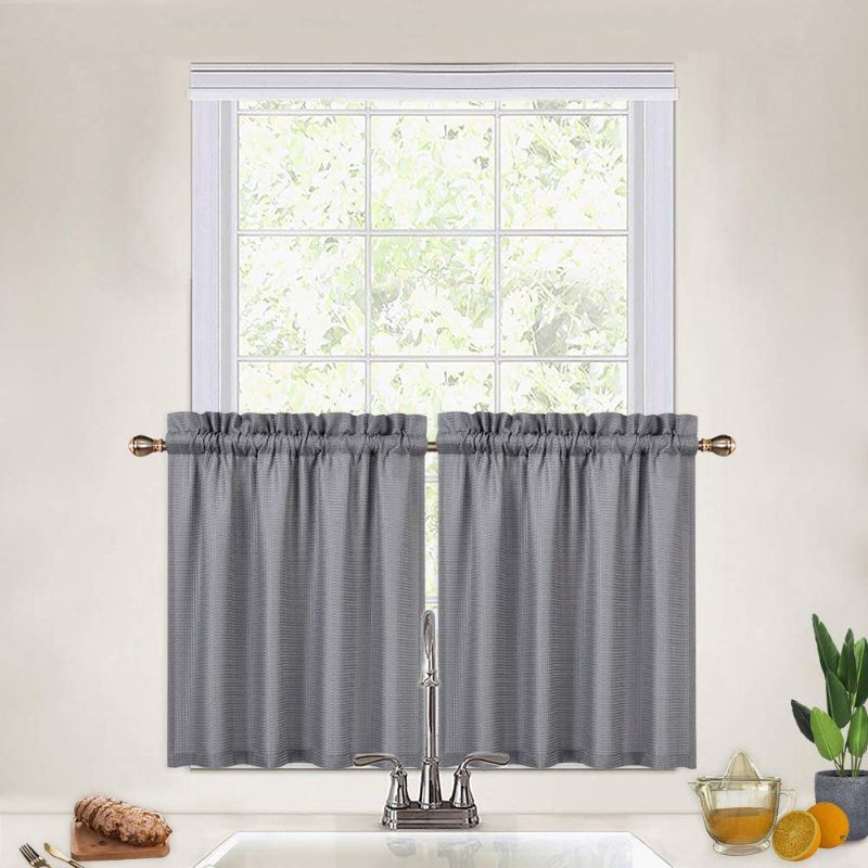 Photo 1 of 24 Inch Grey Kitchen Curtains, Waffle Woven Textured Short Tier Curtains for Bathroom Windows Cafe Kitchen Curtains, Grey
