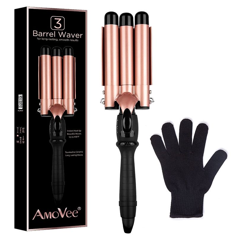 Photo 1 of AmoVee 3 Barrel Curling Iron Hair Waver Beach Waves Curling Iron, Hair Curling Iron with LCD Temperature Display, 1 Inch Beach Wave Curler with Glove, Dual Voltage
