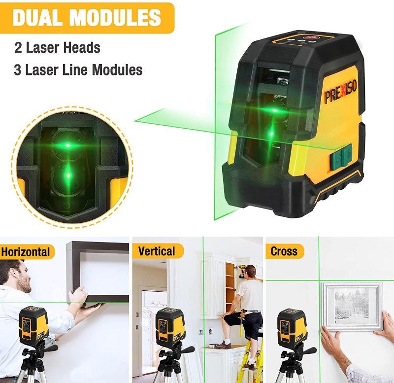 Photo 1 of PREXISO Laser Level Self Leveling - 100Ft Rechargeable Cross Line Laser, Green Line leveler Tool for Construction, Floor Tile, Home Renovation with Magnetic Pivoting Base, Target Plate & Portable Bag
