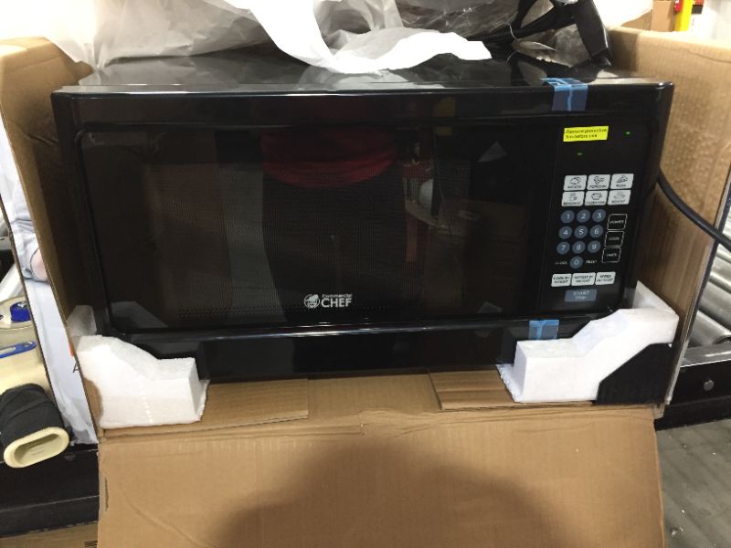 Photo 1 of Countertop 1.1 Cubic Feet Microwave Oven, 1000 Watt, Black Front with Black Cabinet, Commercial Chef CHCM11100B
