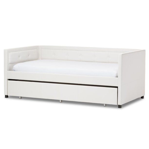 Photo 1 of Baxton Studio Frank Modern and Contemporary Faux Leather Button-Tufting Sofa Twin Daybed with Roll-Out Trundle Guest Bed, White
