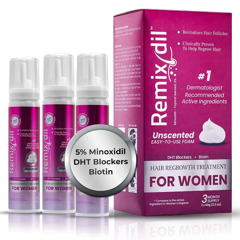 Photo 1 of Remixidil Women’s 5% Minoxidil Foam | Hair Regrowth Treatment for Women | DHT Blocker for Hair Loss and Hair Growth | Unscented Topical Aerosol Treatment for Thinning Hair | 3-Month Supply/ FACTORY SEALED 
