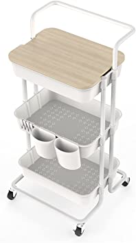 Photo 1 of DTK 3 Tier Utility Rolling Cart with Cover Board, Rolling Storage Cart with Handle and Locking Wheels Kitchen Cart with 2 Small Baskets and 4 Hooks for Bathroom Office Balcony Living Room(White)
