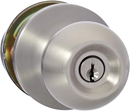 Photo 1 of Amazon Basics Exterior Door Knob With Lock, Standard Ball, Satin Nickel
