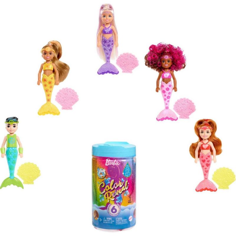 Photo 1 of Barbie Chelsea Color Reveal Mermaid Doll with 6 Unboxing Surprises: Metallic Blue with Rainbows; 4 Bags with Accs.; Water Reveals Full Look & Color Change on Tail; Mermaid Series 
BOX OF 6