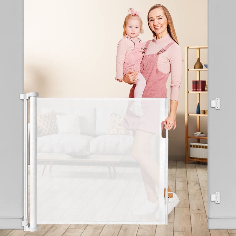 Photo 1 of Retractable Dog Gate 35" Tall, Extends to 60" Wide, Retractable Baby Gates for Stair Mesh Safety Doorway Pet gate Fabric Outdoor Indoor Dog Gate (White)
