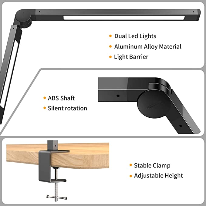 Photo 2 of EppieBasic Led Desk Lamp with Clamp, Dual Light Swing Arm Architect Desk Light for Home Office, Dimmable & 4-Color Modes, 12W Eye-Care Office Lighting with Memory & Timer for Monitor Studios Reading
