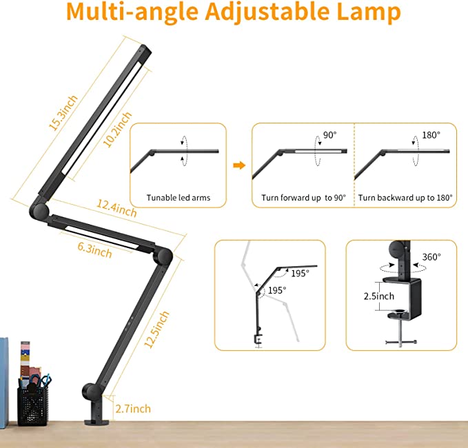 Photo 3 of EppieBasic Led Desk Lamp with Clamp, Dual Light Swing Arm Architect Desk Light for Home Office, Dimmable & 4-Color Modes, 12W Eye-Care Office Lighting with Memory & Timer for Monitor Studios Reading
