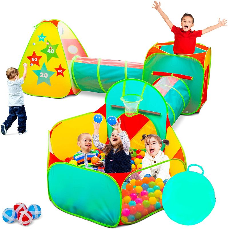 Photo 1 of Children’s 5pc Pop Up Play Tent with Ball Pit & Crawl Tunnel – Pretend Playhouse for Kids, Toddlers, Boys, Girls, Indoors & Outdoors – Target Game with 4 Dart Balls – with Carry Case
