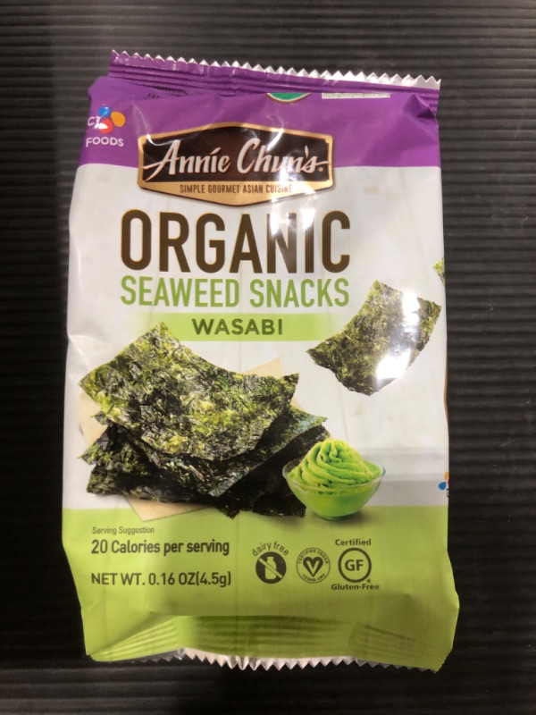 Photo 2 of ANNIE CHUN'S, Seaweed Snk, Og2, Wasabi, Pack of 12, Size .16 OZ, (Gluten Free GMO Free Vegan 95%+ Organic)
BB 06/2022.