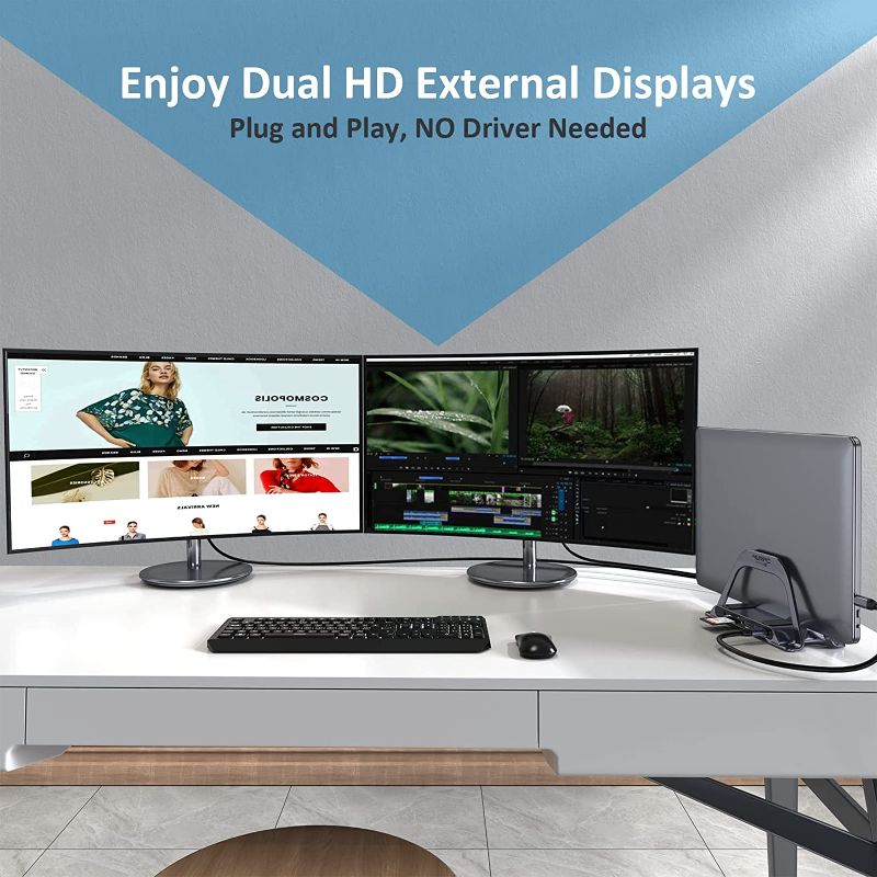 Photo 1 of USB C Docking Station Dual Monitor, USB C Dock Stand Dual HDMI, USB C HUB with Vertical Stand