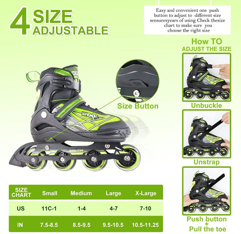 Photo 2 of [Size L] Woolitime Sports Adjustable Roller Blades for Girls Boys Kids with Featuring All Illuminating Wheels- Green