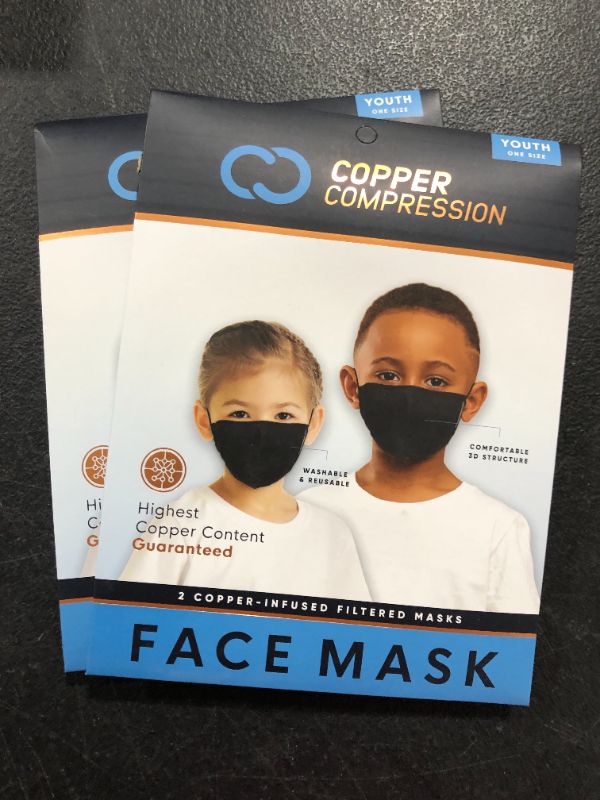 Photo 3 of [2 Pack] Copper Compression Face Mask for Kids- Copper Infused Reusable Face Masks For Boys and Girls - (Black)