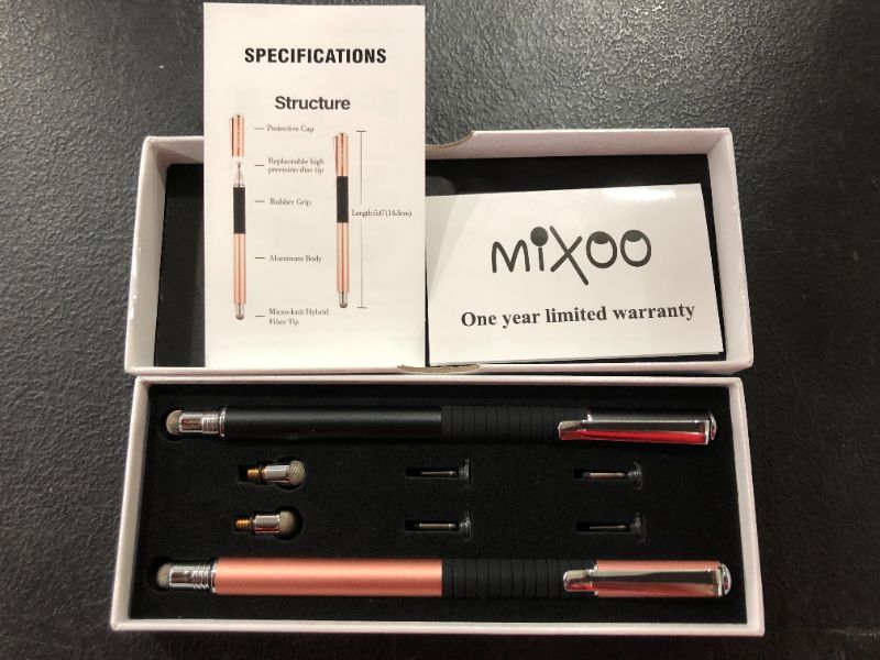 Photo 2 of Mixoo 2-in-1 Precision Disc & Fiber Stylus with Replaceable Tips for Capacitive Touch Screen Devices (Black/Rose Gold)