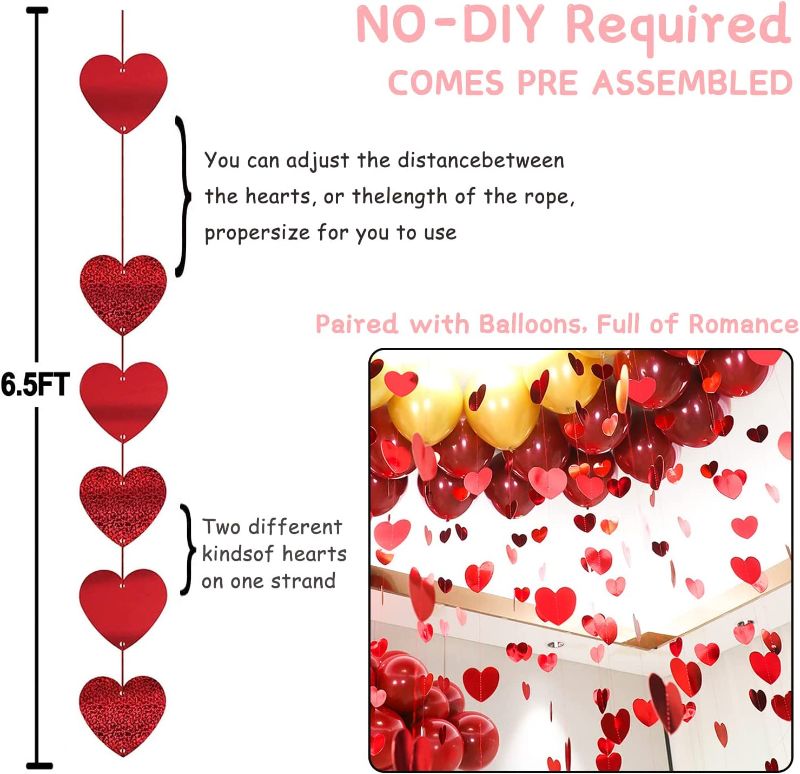 Photo 2 of 12 Strips (72 pcs) Valentine's Day Heart Garland Decorations, Red Hanging String Hearts