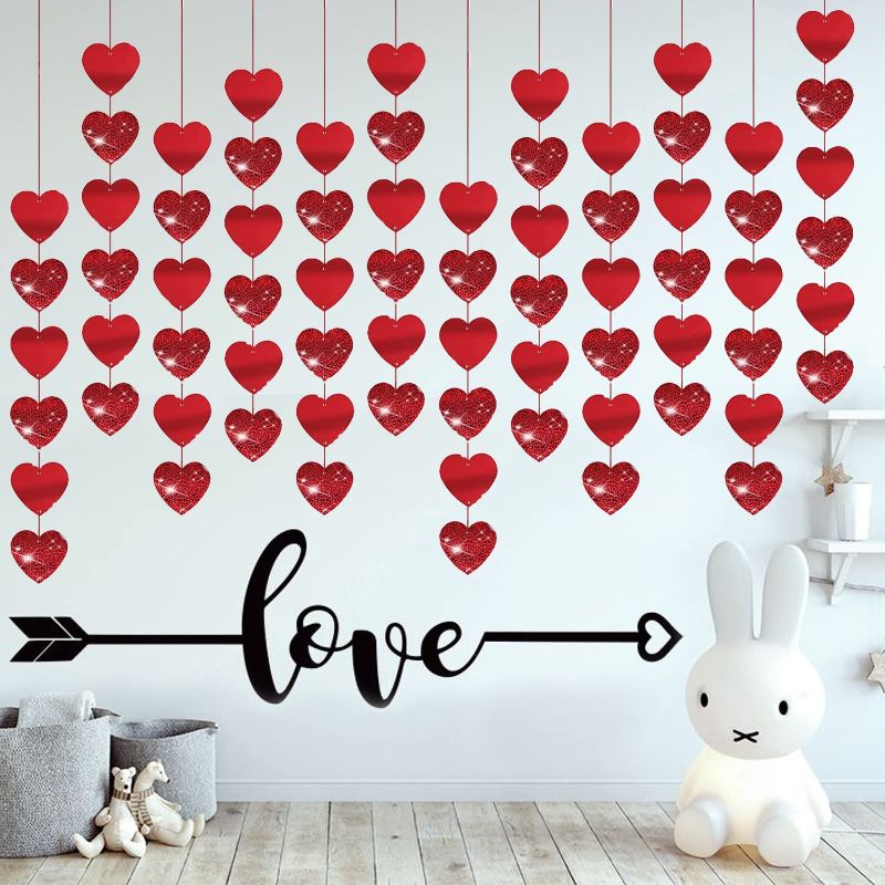 Photo 4 of 12 Strips (72 pcs) Valentine's Day Heart Garland Decorations, Red Hanging String Hearts