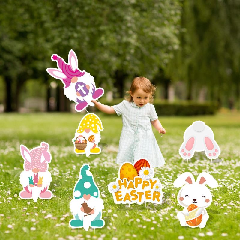 Photo 1 of 7PCS Easter Yard Decorations Outdoor Signs with Stakes of Bunny, Egg, Rabbit, Basket and Gnome