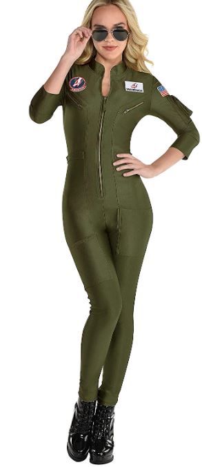 Photo 1 of Party City Top Gun: Maverick Flight Costume for Women, Halloween, Olive Green, Catsuit with Zipper small
