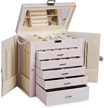 Photo 1 of Frebeauty Large Jewelry Box,6-Tier PU Leather Jewelry Organizer with Lock,Multi-functional Storage Case with Mirror,Accessories Holder with 5 Drawers for Earrings Necklace Bracelets Watches and Sunglasses for Women Girls(Pearl White)